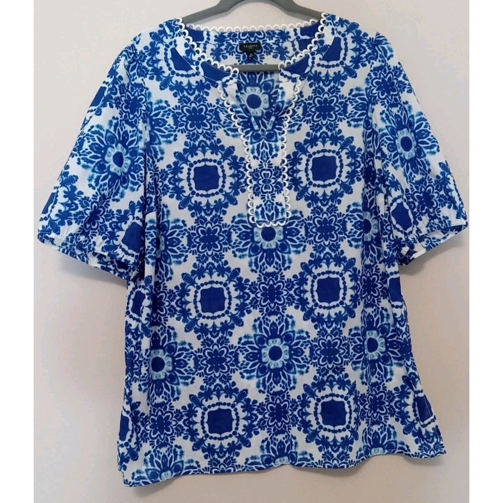 Talbots Plus Women Blue White Scalloped V Neck Tunic Top Size 1X